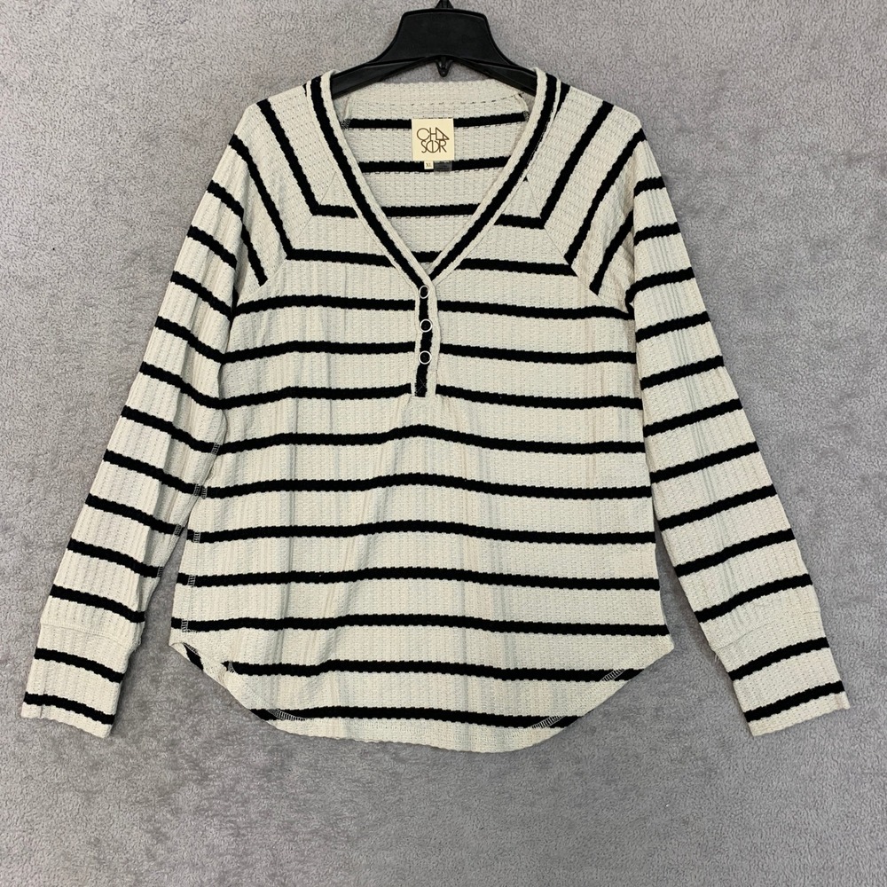 Chaser Women's XL Tan Black Henley Waffle Knit Striped Top Polyester Rayon Blend